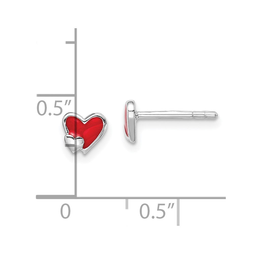 Sterling Silver Rhodium-Plated Polished Red Enameled Double Heart Children'S Post Earrings