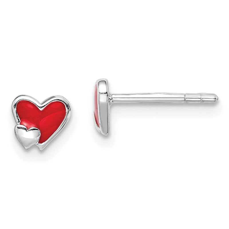 Sterling Silver Rhodium-Plated Polished Red Enameled Double Heart Children'S Post Earrings
