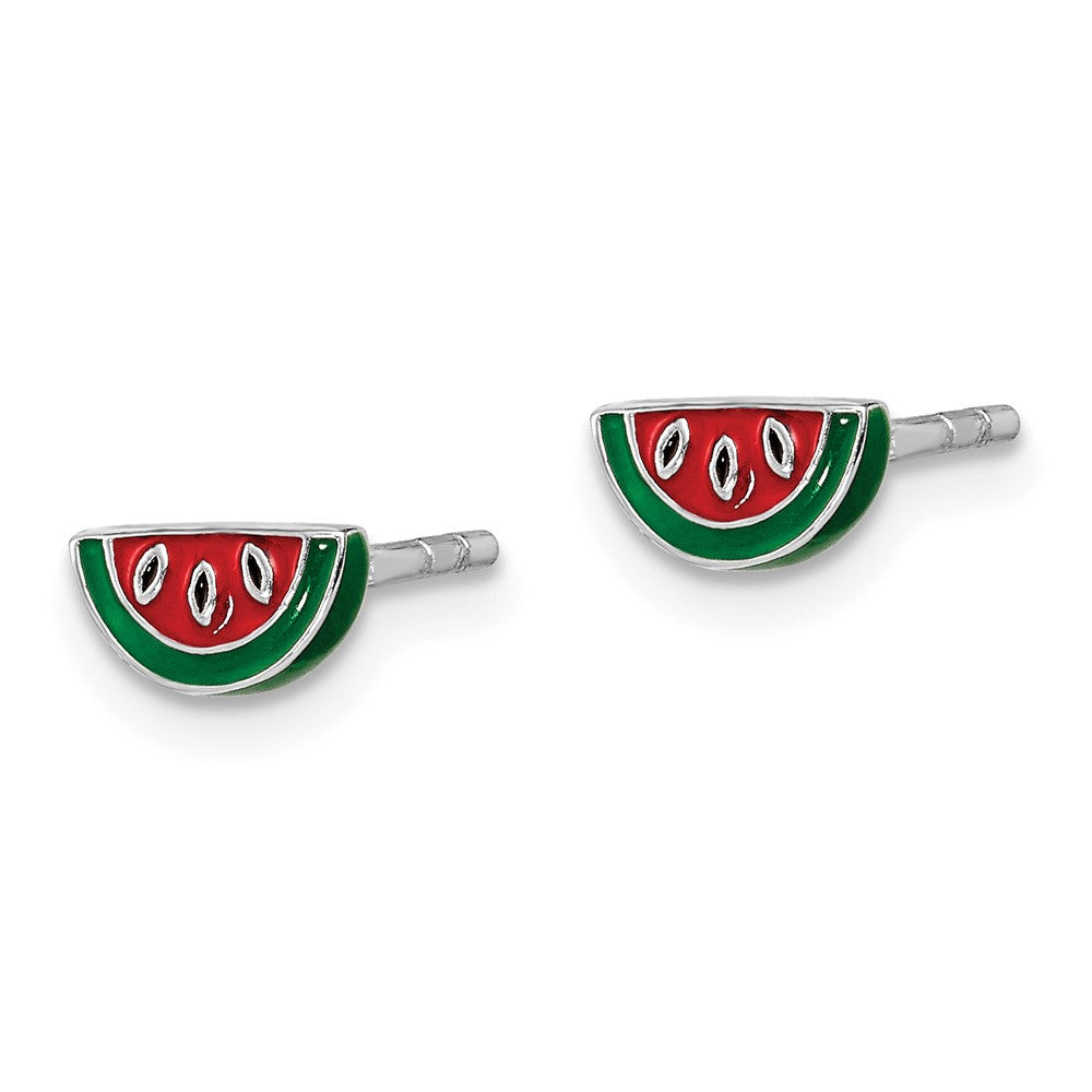 Sterling Silver Rhodium-Plated Polished & Multi-Color Enameled Watermelon Children'S Post Earrings