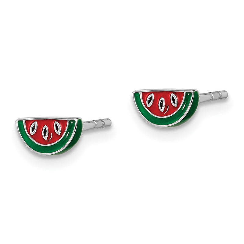 Sterling Silver Rhodium-Plated Polished & Multi-Color Enameled Watermelon Children'S Post Earrings