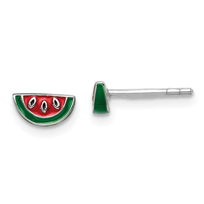 Sterling Silver Rhodium-Plated Polished & Multi-Color Enameled Watermelon Children'S Post Earrings