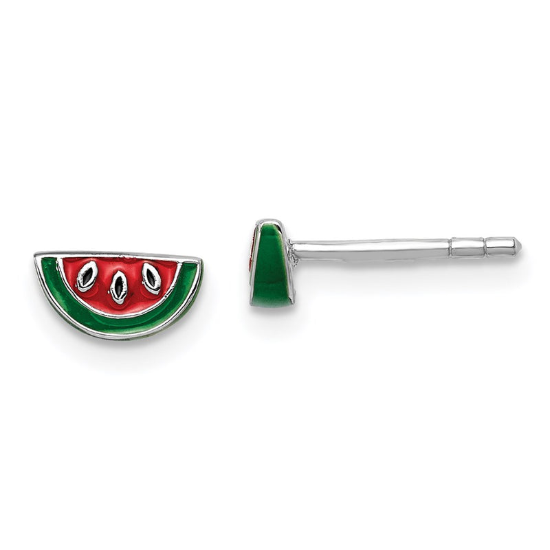 Sterling Silver Rhodium-Plated Polished & Multi-Color Enameled Watermelon Children'S Post Earrings