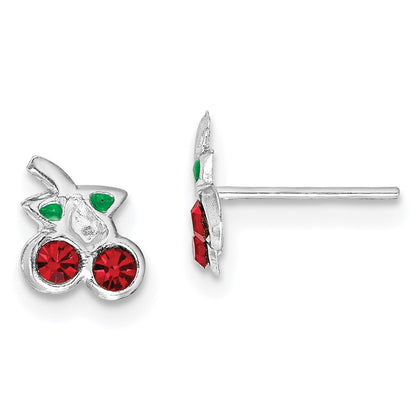 Sterling Silver Rhodium-Plated Polished Red & Green Crystal Cherries Children'S Post Earrings