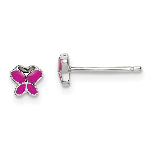 Sterling Silver Polished Pink & Black Enameled Butterfly Children'S Post Earrings
