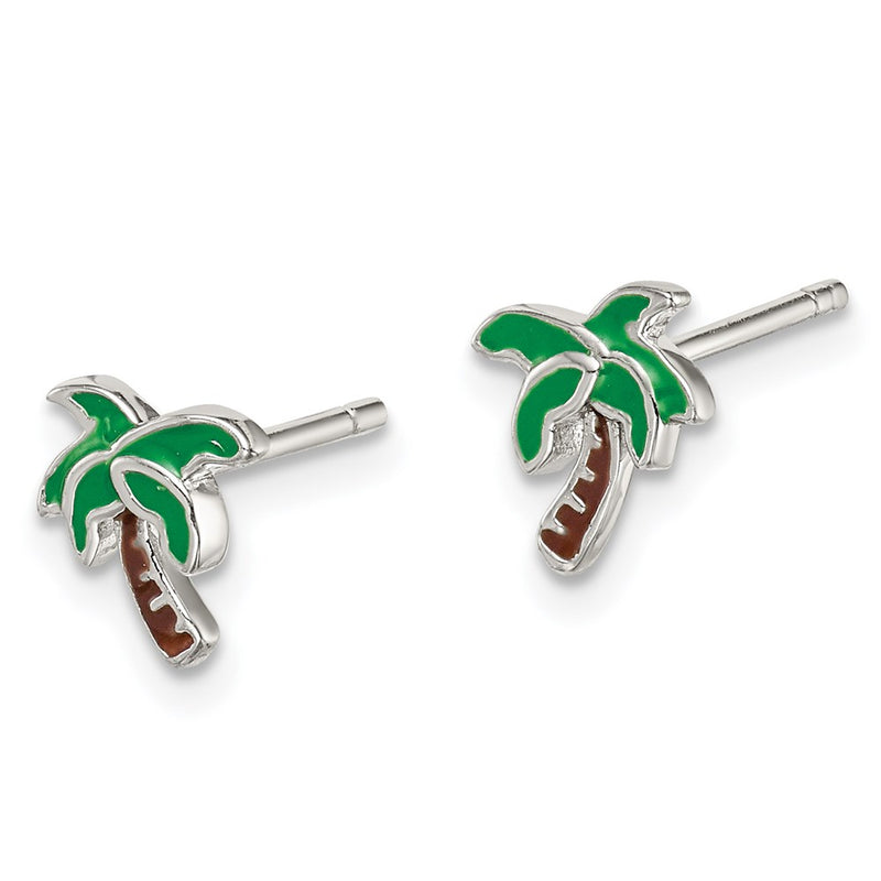 Sterling Silver Rhodium-Plated Polished Enameled Palm Tree Post Earrings