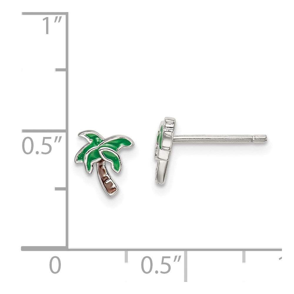 Sterling Silver Rhodium-Plated Polished Enameled Palm Tree Post Earrings