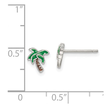 Sterling Silver Rhodium-Plated Polished Enameled Palm Tree Post Earrings