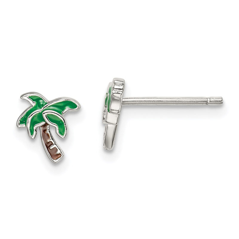 Sterling Silver Rhodium-Plated Polished Enameled Palm Tree Post Earrings