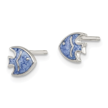 Sterling Silver Rhodium-Plated Polished Blue Enameled Fish Childs Post Earrings