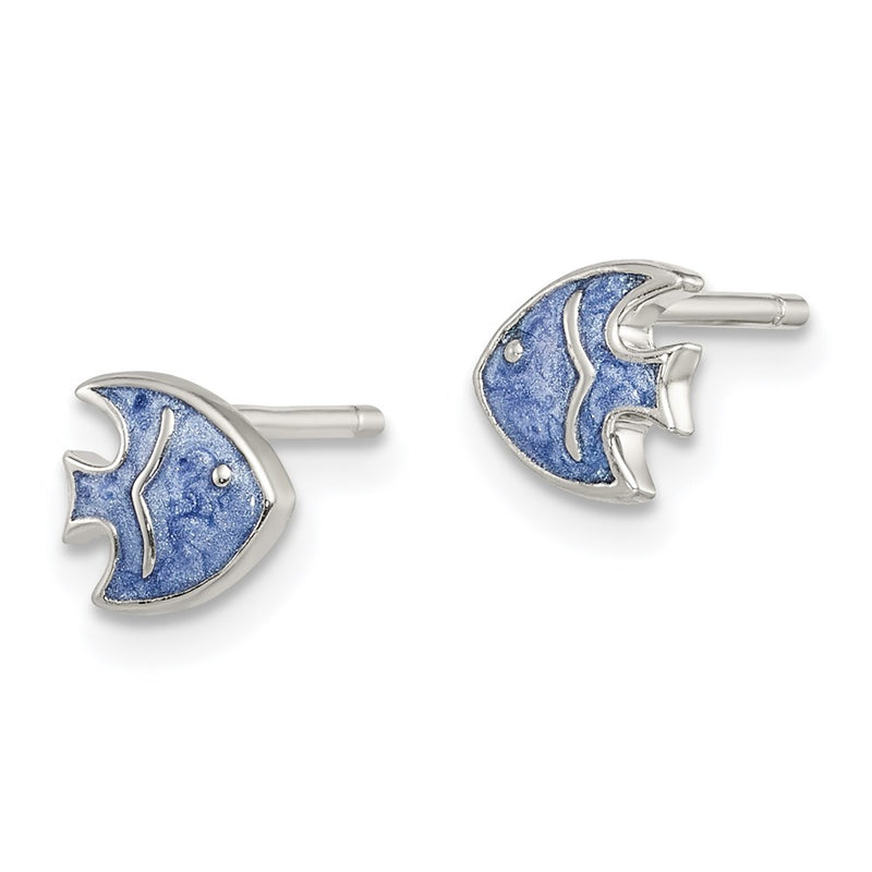 Sterling Silver Rhodium-Plated Polished Blue Enameled Fish Childs Post Earrings