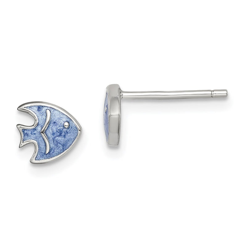 Sterling Silver Rhodium-Plated Polished Blue Enameled Fish Childs Post Earrings