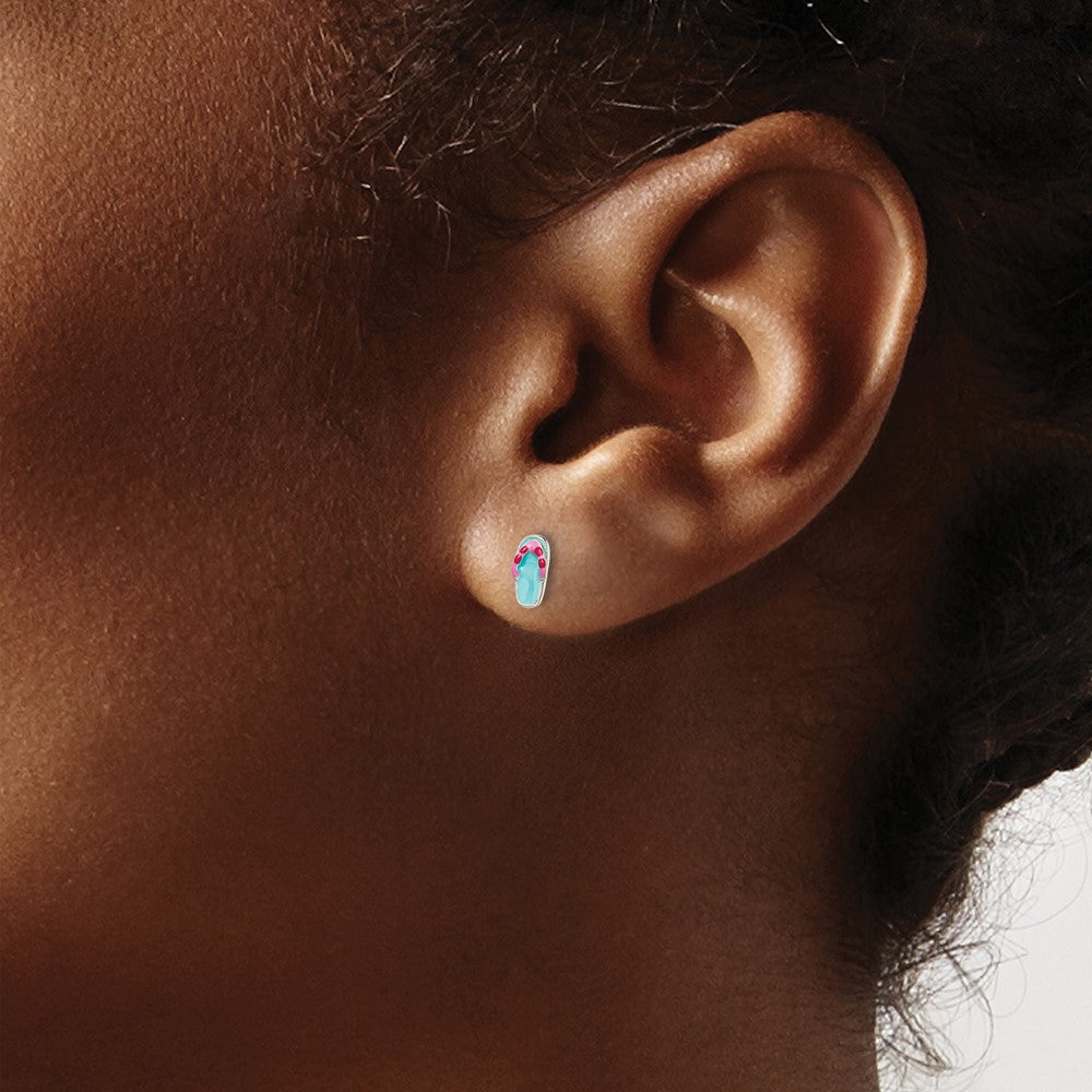 Sterling Silver Polished Teal & Pink Enameled Flip Flop Children'S Post Earrings