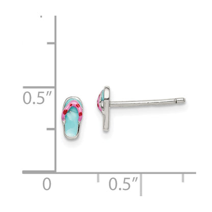Sterling Silver Polished Teal & Pink Enameled Flip Flop Children'S Post Earrings