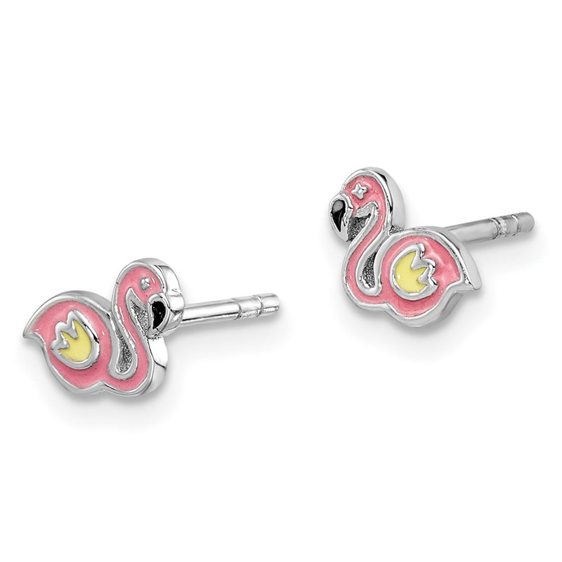 Sterling Silver Rhodium-Plated Polished & Multi-Color Enameled Flamingo Children'S Post Earrings