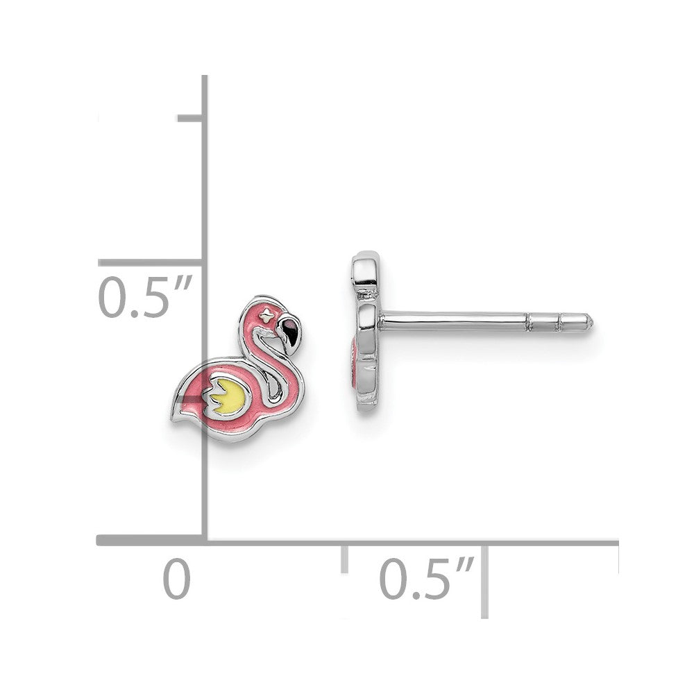Sterling Silver Rhodium-Plated Polished & Multi-Color Enameled Flamingo Children'S Post Earrings