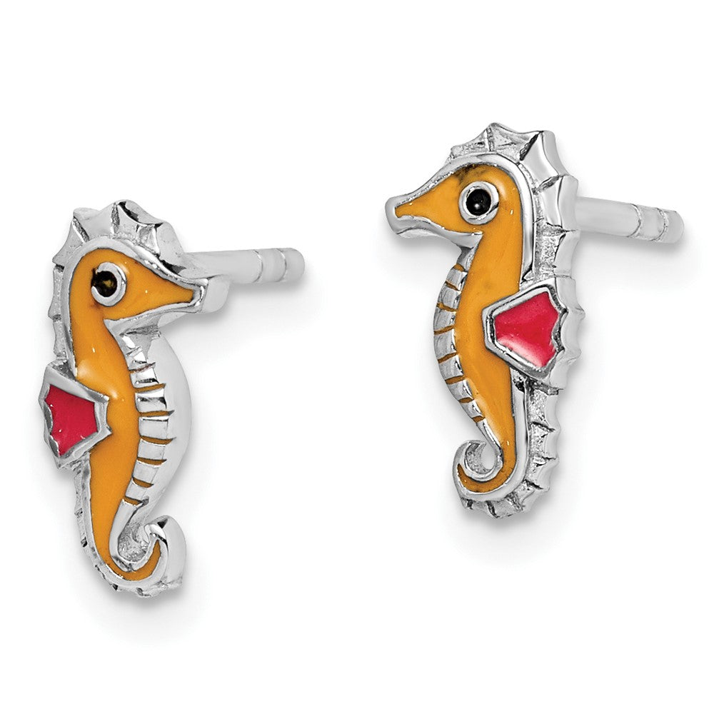 Sterling Silver Rhodium-Plated Children'S Polished And Multi-Color Enameled Seahorse Post Earrings