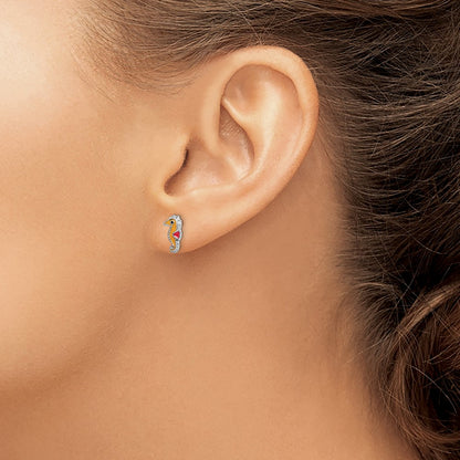 Sterling Silver Rhodium-Plated Children'S Polished And Multi-Color Enameled Seahorse Post Earrings