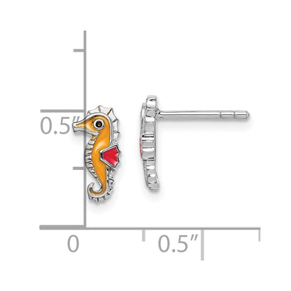 Sterling Silver Rhodium-Plated Children'S Polished And Multi-Color Enameled Seahorse Post Earrings