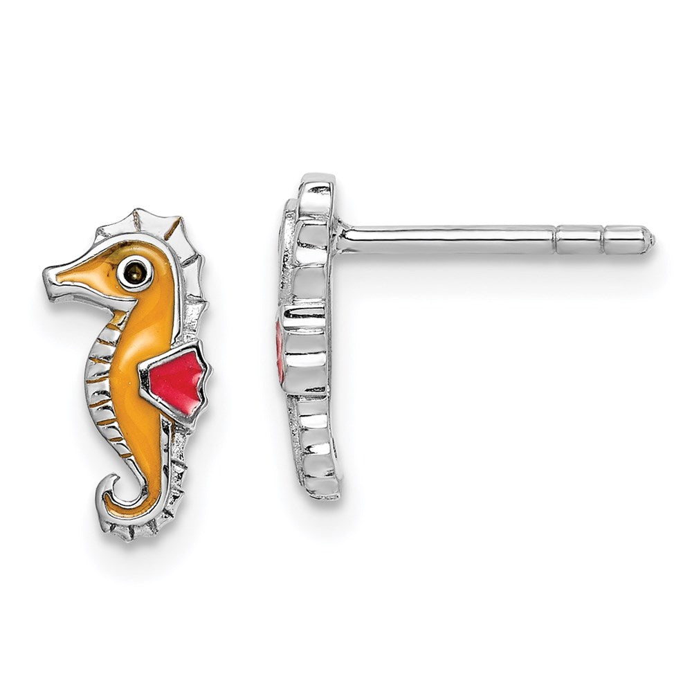 Sterling Silver Rhodium-Plated Children'S Polished And Multi-Color Enameled Seahorse Post Earrings