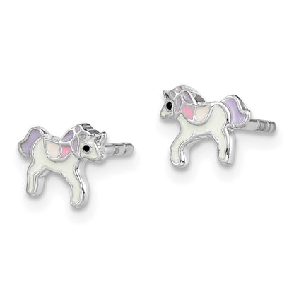 Sterling Silver Rhodium-Plated Polished Multi-Color Enameled Unicorn Children'S Post Earrings