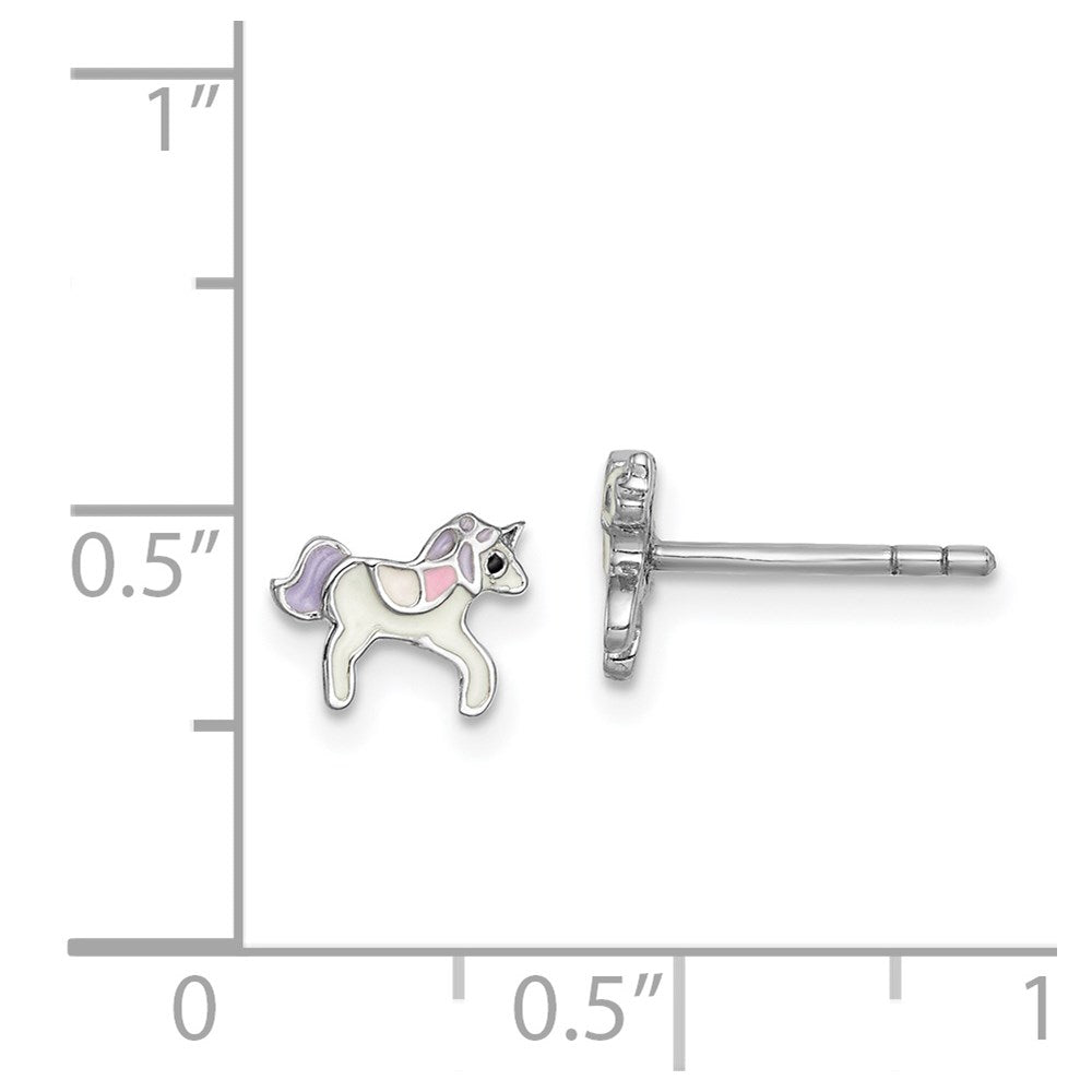 Sterling Silver Rhodium-Plated Polished Multi-Color Enameled Unicorn Children'S Post Earrings