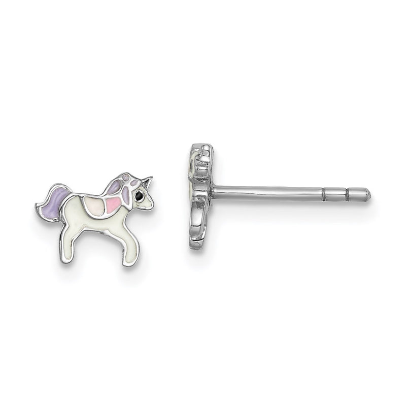Sterling Silver Rhodium-Plated Polished Multi-Color Enameled Unicorn Children'S Post Earrings