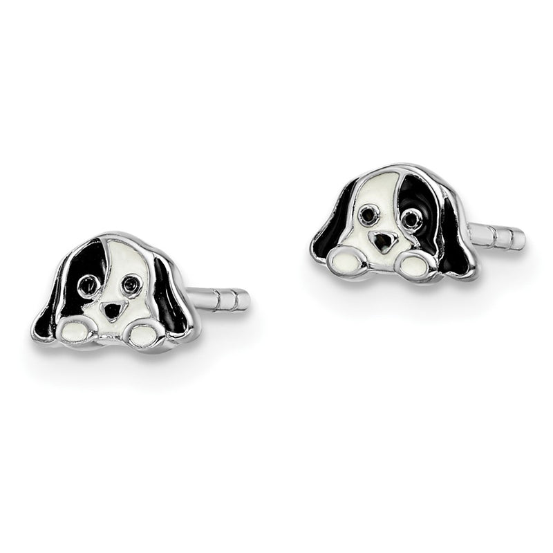 Sterling Silver Rhodium-Plated Polished Black & White Enameled Puppy Children'S Post Earrings
