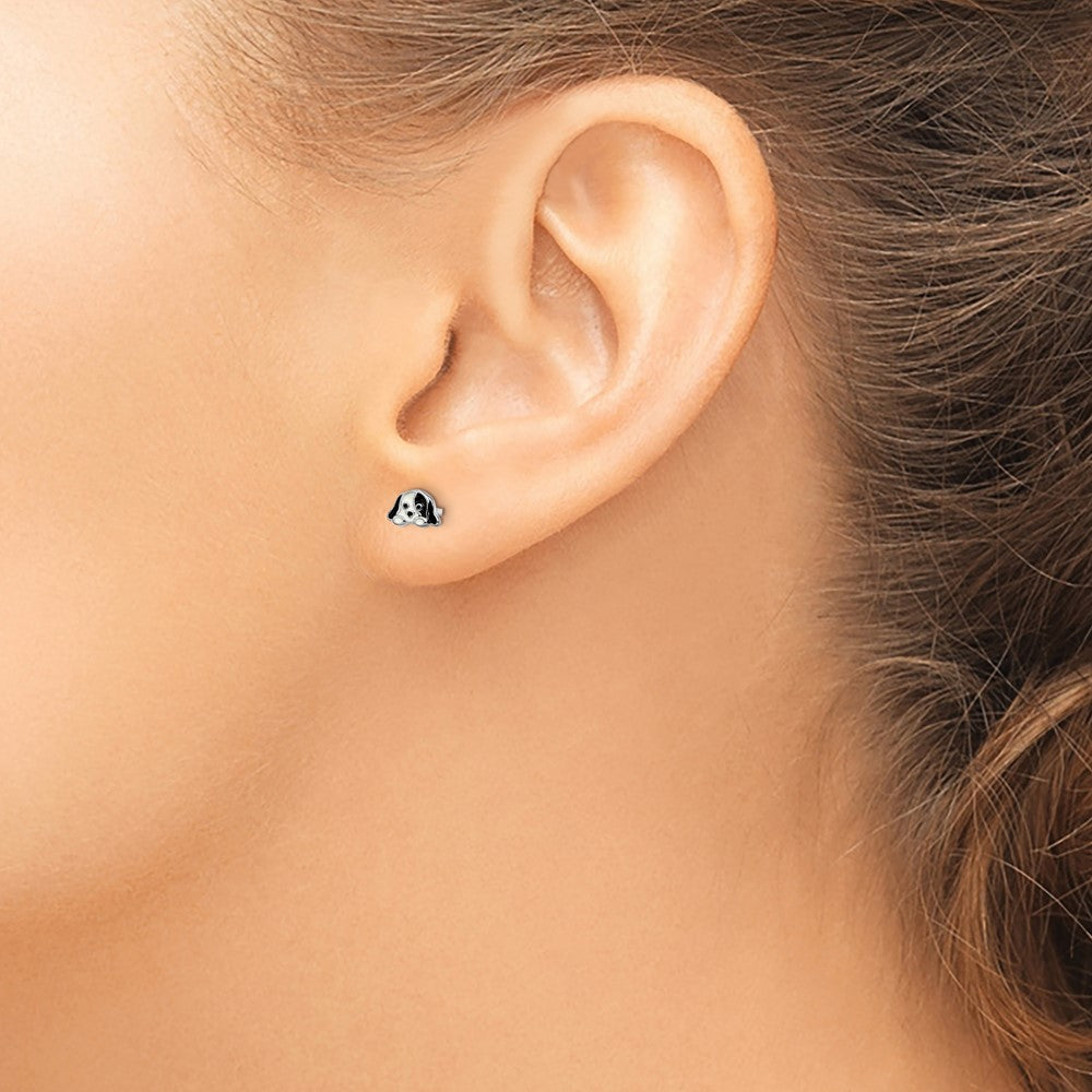 Sterling Silver Rhodium-Plated Polished Black & White Enameled Puppy Children'S Post Earrings