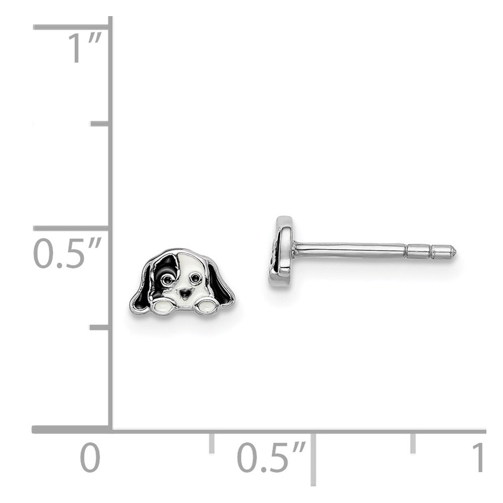 Sterling Silver Rhodium-Plated Polished Black & White Enameled Puppy Children'S Post Earrings