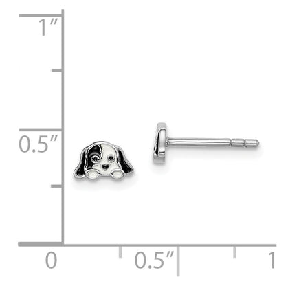 Sterling Silver Rhodium-Plated Polished Black & White Enameled Puppy Children'S Post Earrings