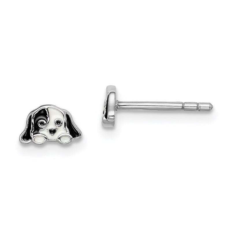 Sterling Silver Rhodium-Plated Polished Black & White Enameled Puppy Children'S Post Earrings