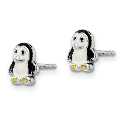 Sterling Silver Rhodium-Plated Polished Multi-Color Enameled Penguin Children'S Post Earrings
