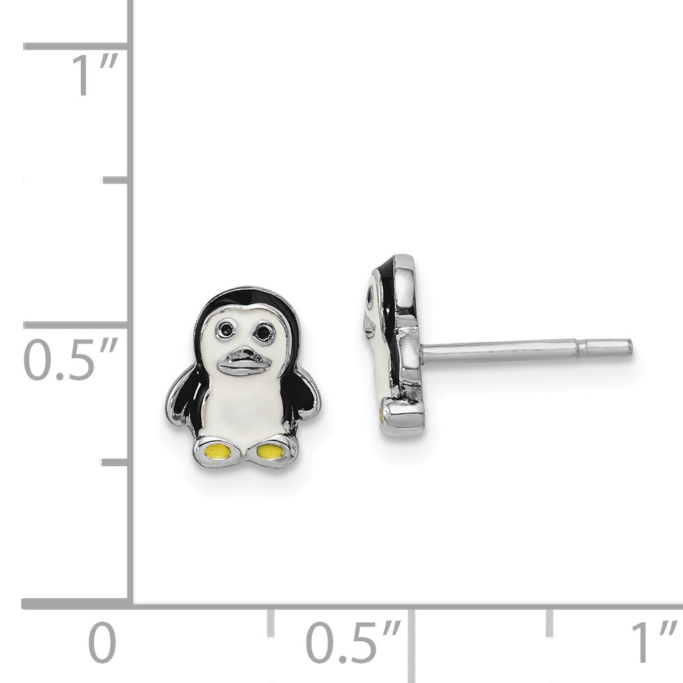 Sterling Silver Rhodium-Plated Polished Multi-Color Enameled Penguin Children'S Post Earrings