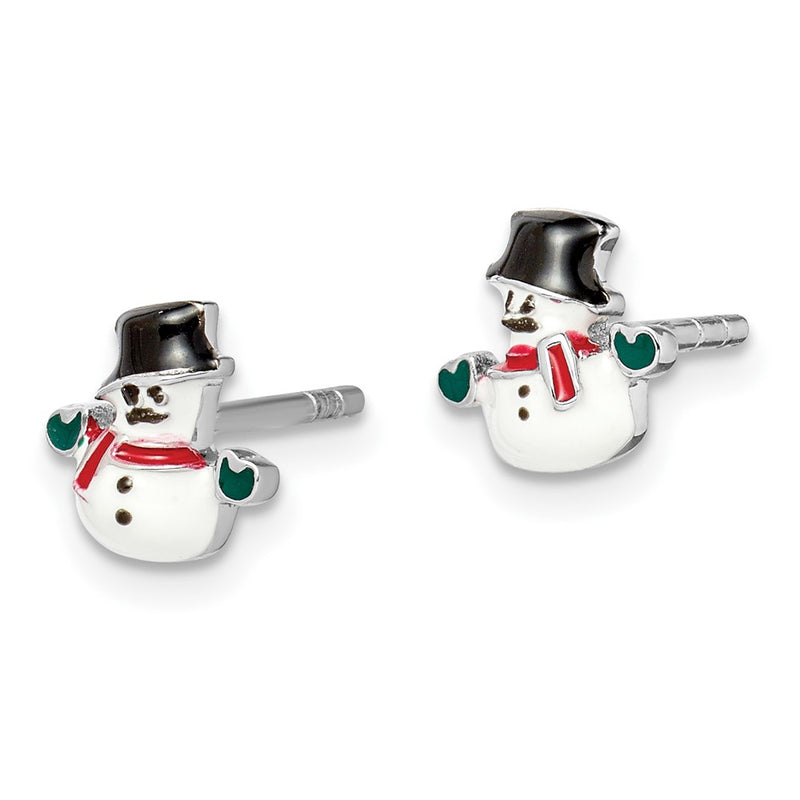 Sterling Silver Rhodium-Plated Polished Multi-Color Enameled Snowman Children'S Post Earrings