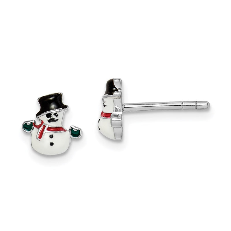 Sterling Silver Rhodium-Plated Polished Multi-Color Enameled Snowman Children'S Post Earrings