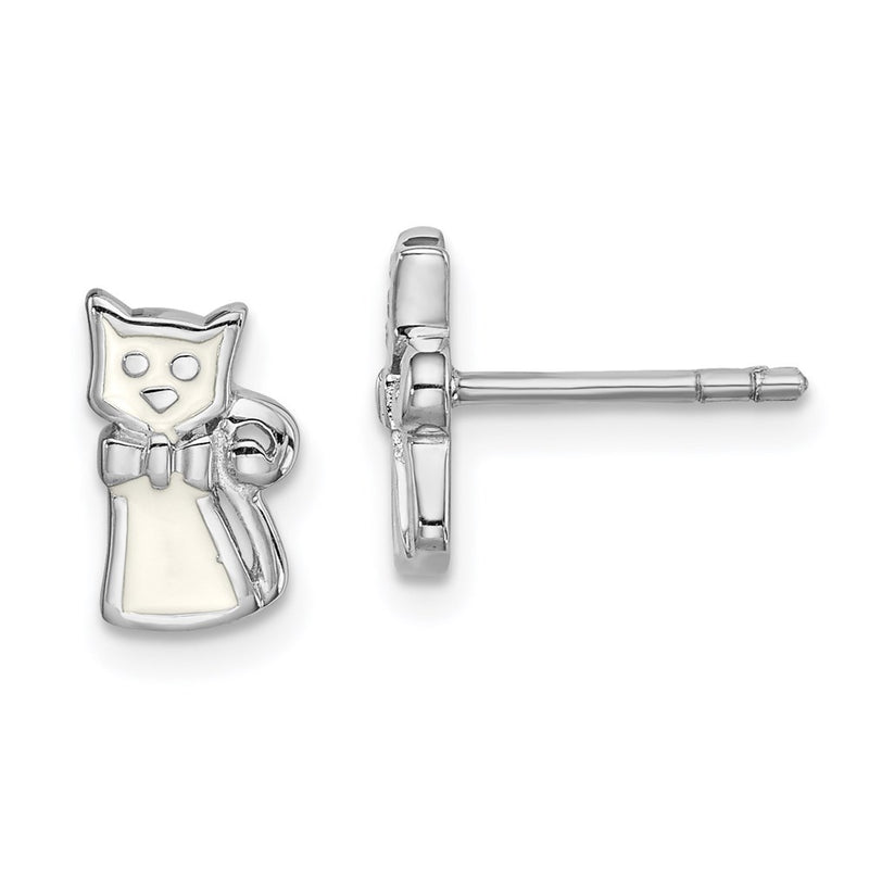 Sterling Silver Rhodium-Plated Polished White Enameled Cat Children'S Post Earrings