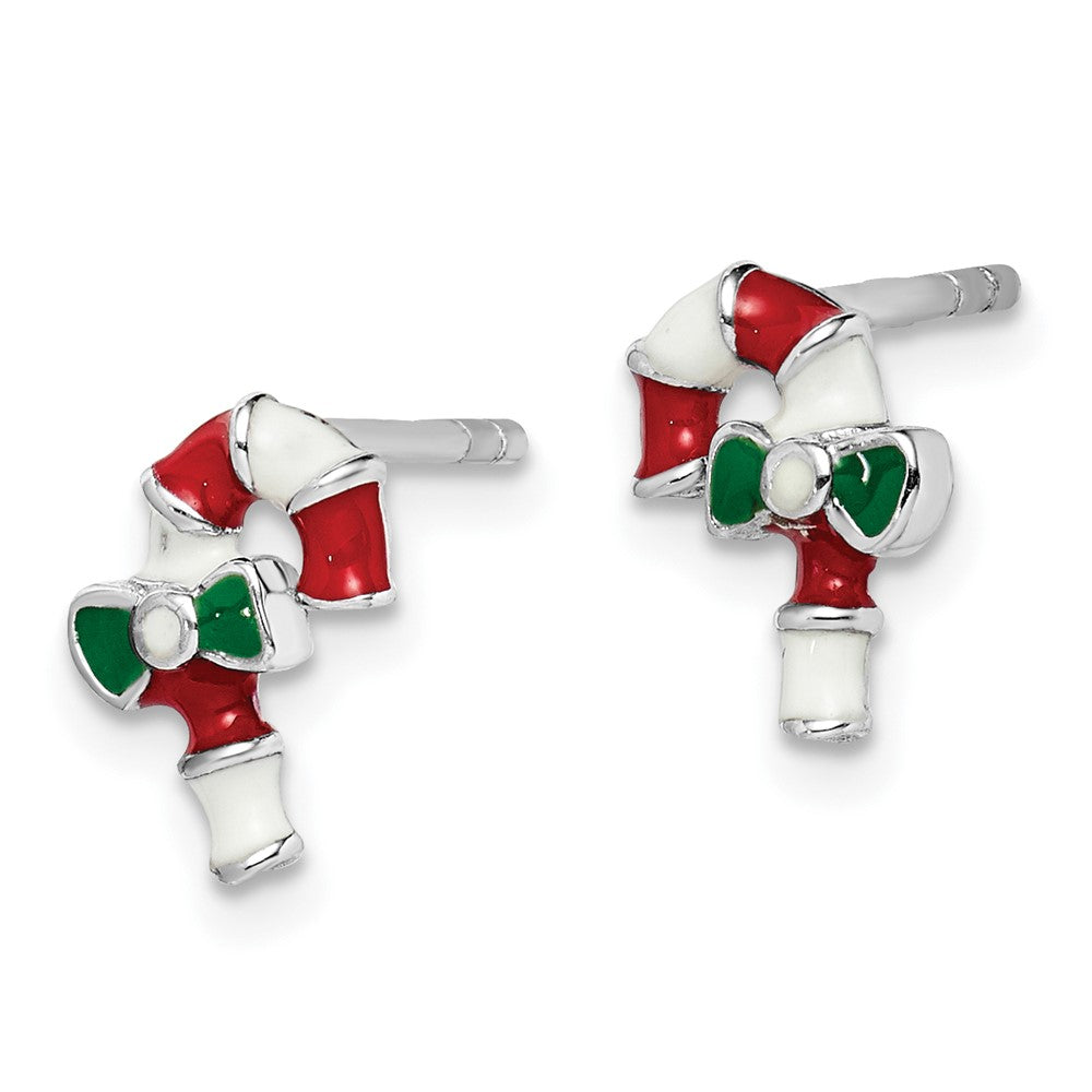 Sterling Silver Rhodium-Plated Polished Multi-Color Enameled Candy Cane Children'S Post Earrings