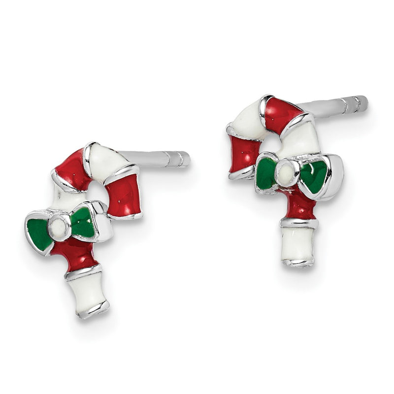 Sterling Silver Rhodium-Plated Polished Multi-Color Enameled Candy Cane Children'S Post Earrings