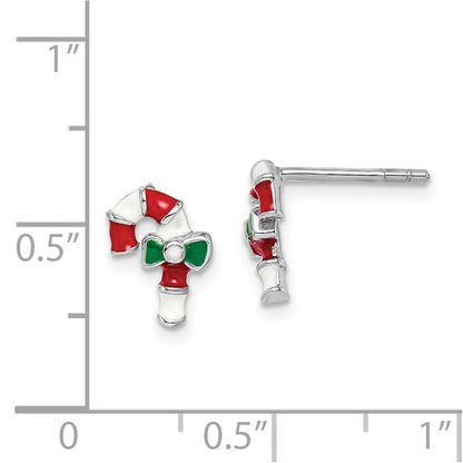 Sterling Silver Rhodium-Plated Polished Multi-Color Enameled Candy Cane Children'S Post Earrings