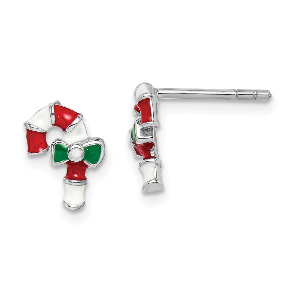 Sterling Silver Rhodium-Plated Polished Multi-Color Enameled Candy Cane Children'S Post Earrings
