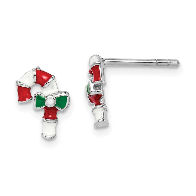 Sterling Silver Rhodium-Plated Polished Multi-Color Enameled Candy Cane Children'S Post Earrings