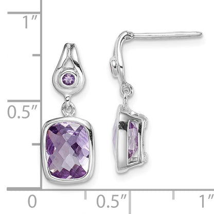 Sterling Silver Rhodium Plated Checkerboard Amethyst Dangle Earrings