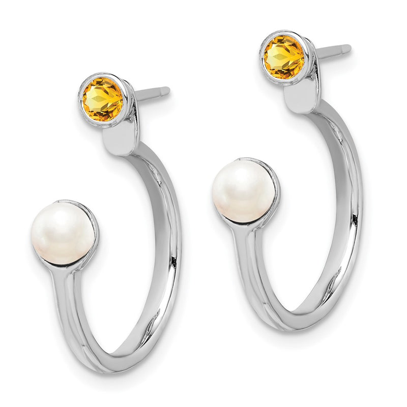 Sterling Silver Rhodium-Plated Fwc Pearl Citrine Front & Back Post Earrings