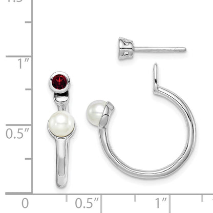Sterling Silver Rhodium-Plated Fwc Pearl & Garnet Front Back Post Earring