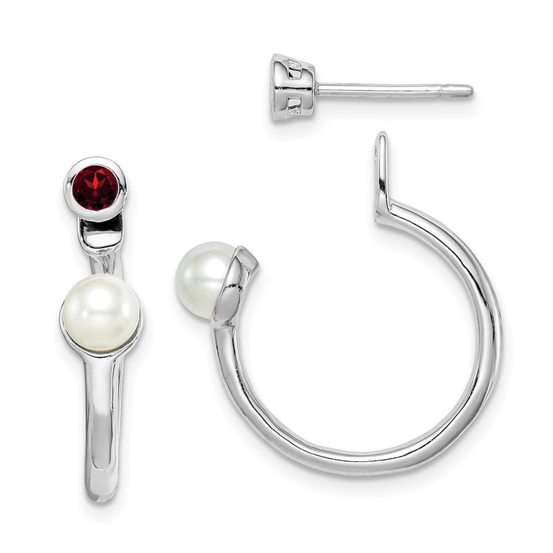 Sterling Silver Rhodium-Plated Fwc Pearl & Garnet Front Back Post Earring