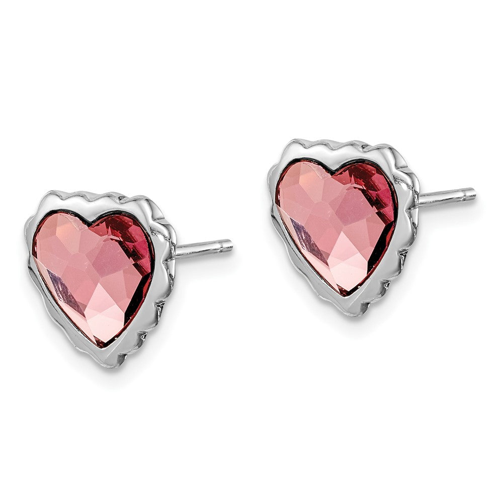 Sterling Silver Rhodium-Plated Pink Crystal Heart Post Earrings