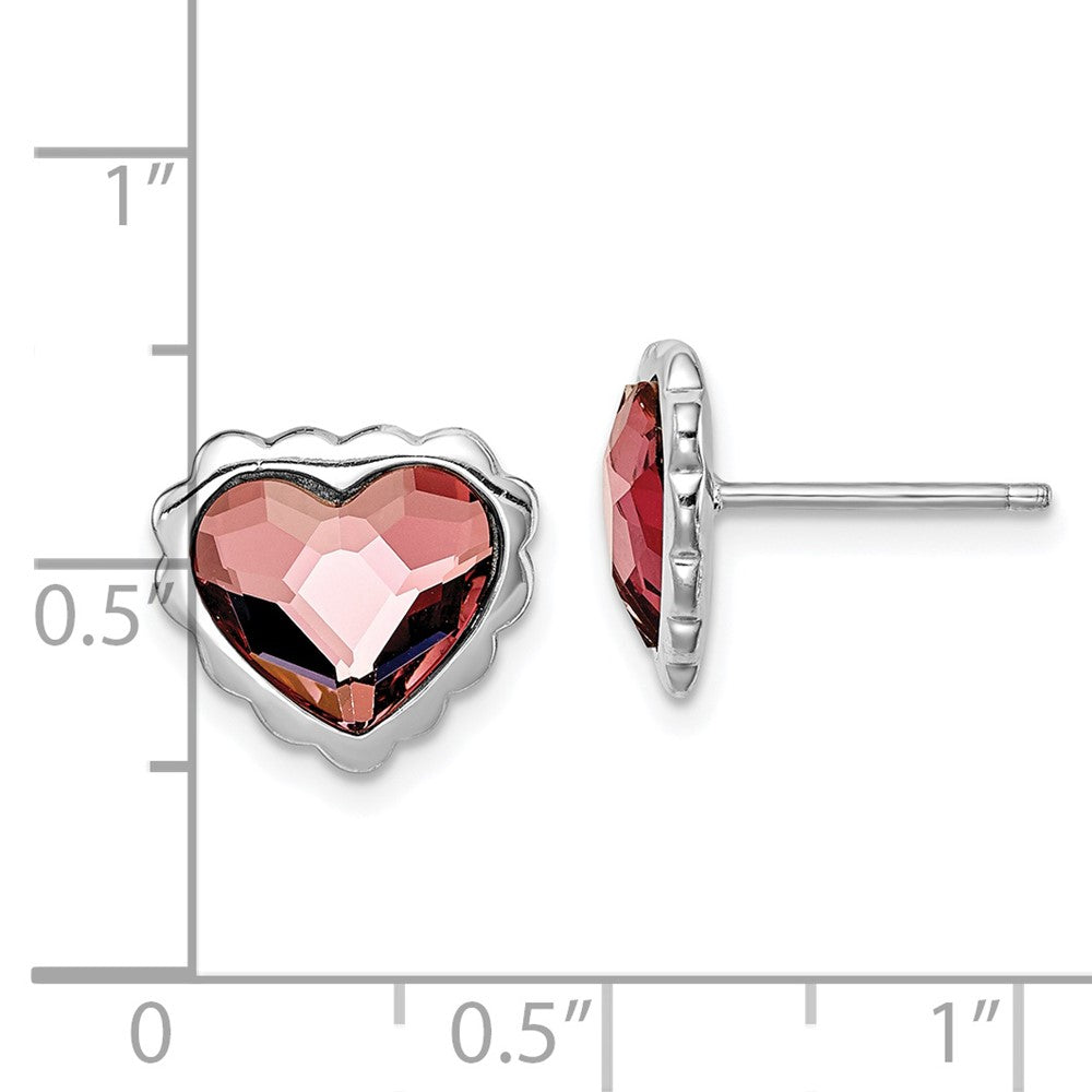Sterling Silver Rhodium-Plated Pink Crystal Heart Post Earrings