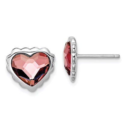 Sterling Silver Rhodium-Plated Pink Crystal Heart Post Earrings