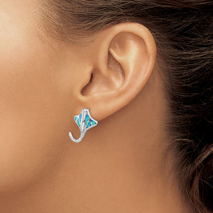 Sterling Silver Rhodium-Plated Created Blue Opal Stingray Post Earrings