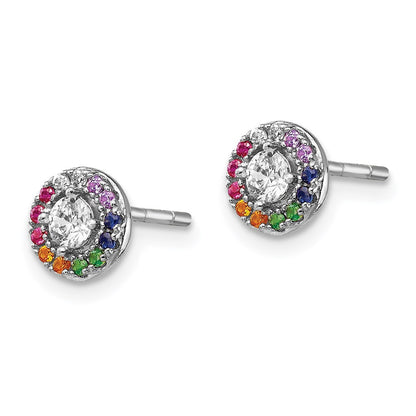 Sterling Silver Prizma Rhodium-Plated Colorful And White Cz Circle Post Earrings